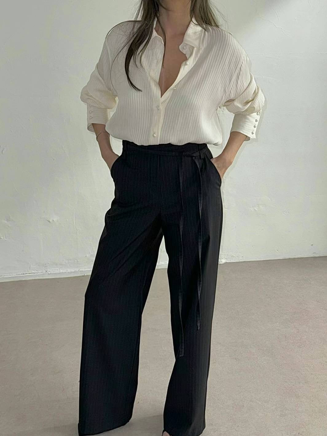 Belted Pinstriped Wide-legs Trousers