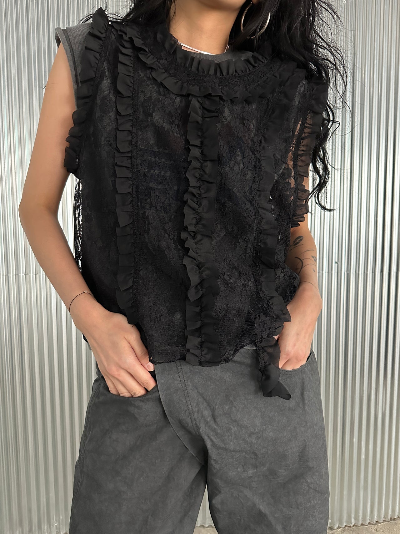 Lace Ruffle Sheer Vest — PREORDER above 14 workdays